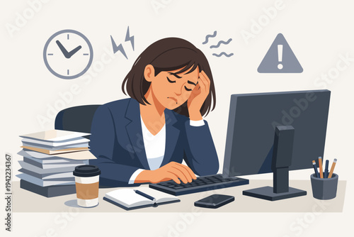 Stressed Businesswoman Feeling Overwhelmed at Office Desk with Computer and Stack of Papers, Flat Vector Illustration of Burnout, Fatigue, and Workplace Pressure with Deadline Symbols and Icons