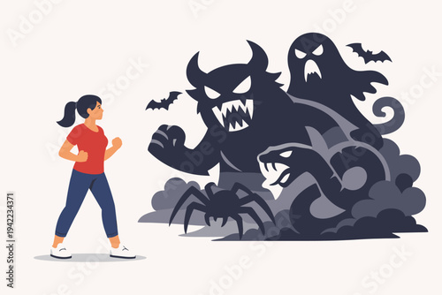 Brave Woman Confronting Her Inner Fears and Anxieties Represented by Dark Shadowy Monsters Like a Ghost, Spider, Snake, and Beast. Concept of Mental Health, Courage, and Overcoming Phobias Vector