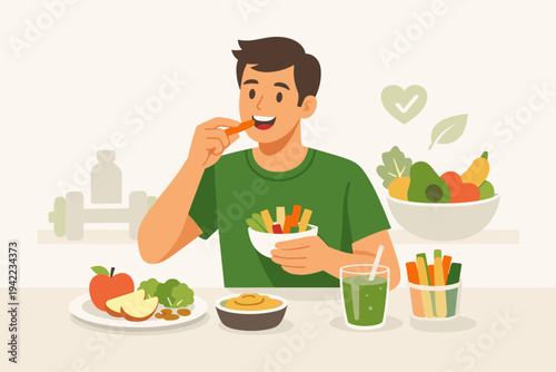 Vector illustration of a man eating healthy snacks and vegetable sticks as part of a balanced diet. Features fresh fruits, green smoothie, and broccoli, representing wellness and nutrition.