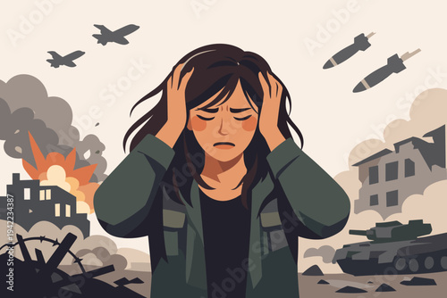 Flat vector illustration of a distressed woman suffering from PTSD in a war zone, surrounded by falling bombs, fighter jets, explosions, and military tanks, depicting the trauma of armed conflict.