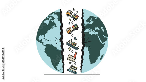 A split-screen illustration of a globe with trucks and shipping containers moving across a white gap, symbolizing international trade and logistics on a clean background