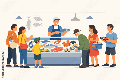 Flat vector illustration of people shopping at a seafood market with a fishmonger showing fresh fish to customers. A family and elderly man browse seafood like shrimp, crabs, and mussels in a store.