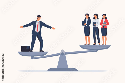 Gender inequality concept with businessman and businesswomen on balance scale. One man outweighs three women, symbolizing workplace discrimination, sex bias, unfairness, and the gender pay gap.