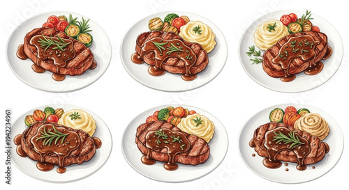 Watercolor Grilled Steak Plates with Mashed Potatoes and Vegetables Set Hand Drawn Gourmet Dinner Illustration