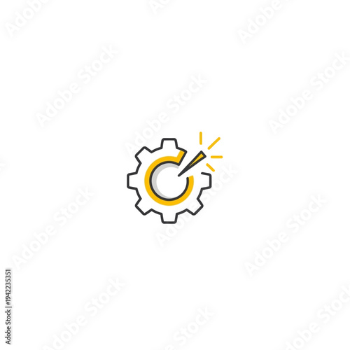 Modern cogwheel graphic with a bright light flash, signifying system optimization, innovative development, and efficient technological processes