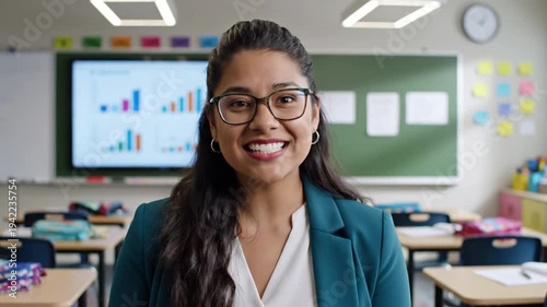 A woman in a classroom with a green blazer and glasses