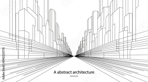 Professional architectural wireframe of a dense metropolitan city street with dramatic one-point perspective and high-speed vanishing lines