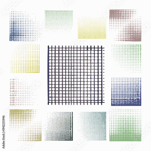 Zestaw różnych tekstur siatki rastrowej z efektem półtonu i przezroczystości na białym tle.
