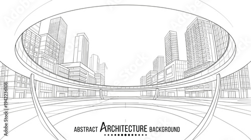 Professional architectural wireframe of a metropolitan city plaza with fish-eye perspective and circular overhead frame background