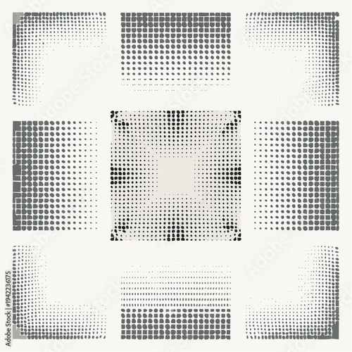 Zestaw dziewięciu ramek i elementów graficznych z efektem półtonowym i przezroczystym tłem do projektowania.