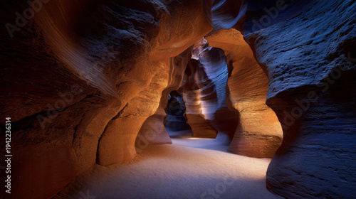 Sinuous slot canyon walls of layered sandstone glowing in warm ochre and sienna under faint starlight, flowing curves and ultra fine striations.
