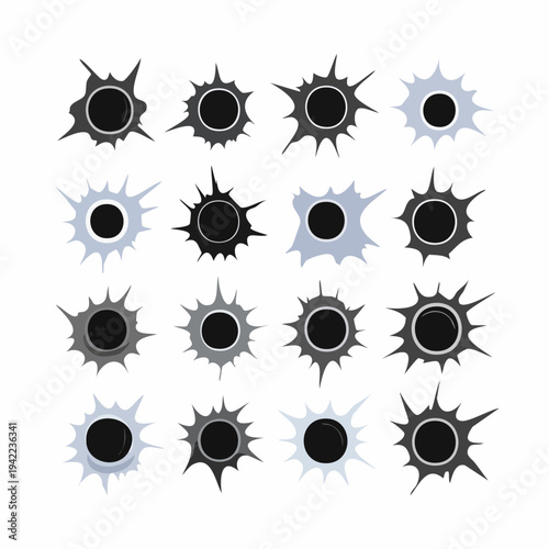 Zbiór realistycznych ikon dziur po kulach z efektem wybicia i postrzępionymi krawędziami na białym tle.