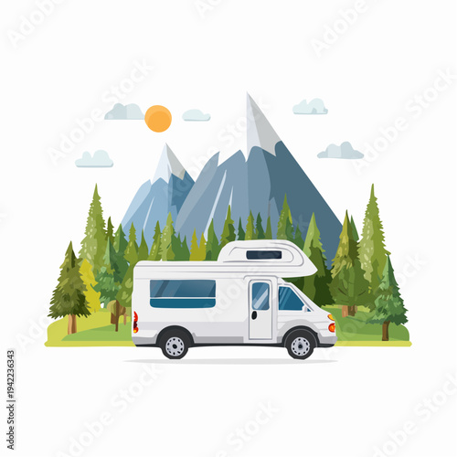 Biała kamper na tle gór i lasu, ilustracja stylu płaskiego, idealna na wakacje.