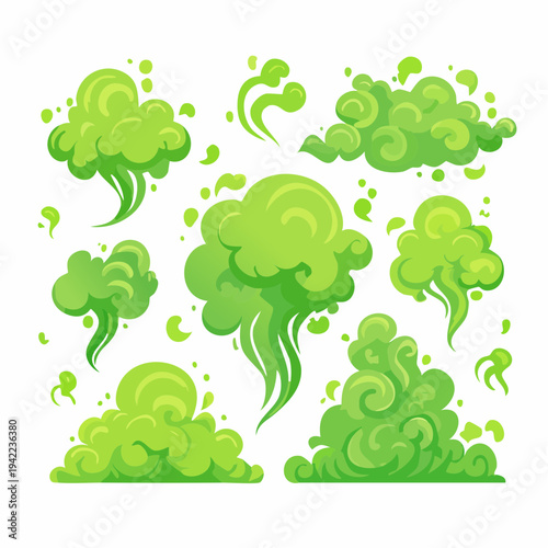 Zestaw zielonych, toksycznych chmur dymu lub oparów o różnym kształcie, idealny do ilustracji komiksowych.
