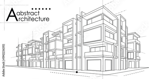 Professional architectural wireframe of a modern multi-story apartment complex with repetitive modular balcony units and technical lines