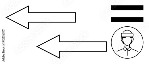 Two arrows pointing in opposite directions, an equality sign, and a human profile portrait. Ideal for balance, equality, direction, decision-making, teamwork human focus comparison. A simple flat