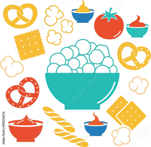 Illustration of Bowl of Popcorn Surrounded by Snacks and Condiments