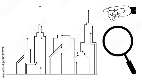 Technology concept. Technology integration in urban cityscapes illustrated by circuit-thumbs up buildings, robotic elements, and magnification tools. Technology for innovation, urban planning