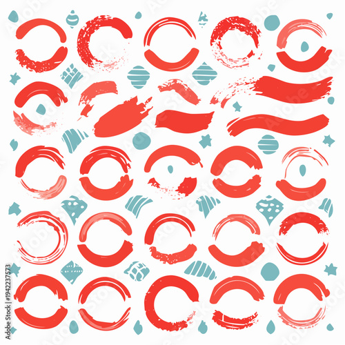 Zestaw ręcznie malowanych, czerwonych pędzlowych kół i pociągnięć pędzlem z przezroczystym tłem