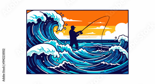 Man fishing in the ocean during sunset.