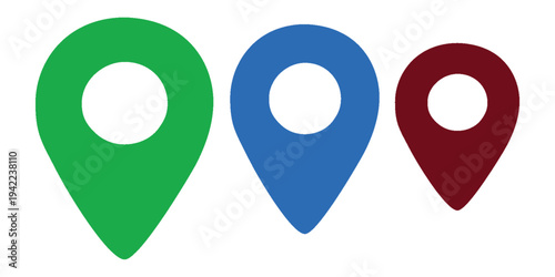 Three colorful map pins are aligned in a row, each with a distinct color and glossy appearance.