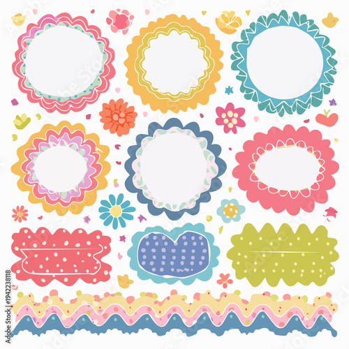 Zestaw kolorowych, ręcznie rysowanych ramek i ozdobników z falistymi krawędziami na przezroczystym tle.