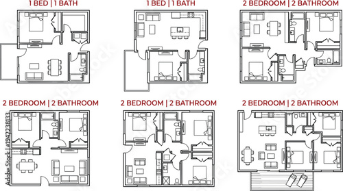 Residential multi-unit apartment floor plan catalog featuring a collection of one-bedroom and two-bedroom flat layouts for property development.