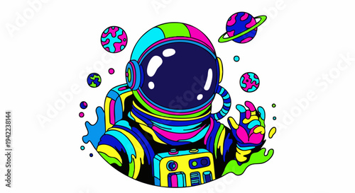 Colorful Astronaut in Space Suit with Planets.