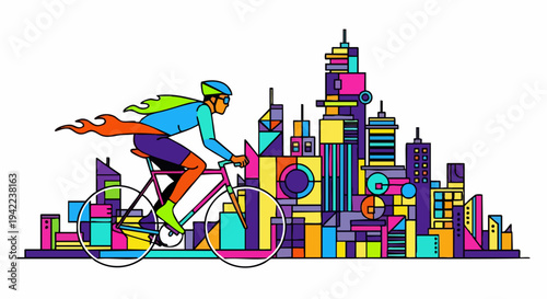 Cyclist with a flowing cape rides a bicycle in front of a colorful cityscape.