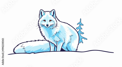 Arctic fox sitting in the snow looking at the viewer.