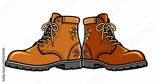 Pair of Brown Leather Boots with Floral Embroidery Illustration.