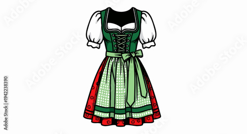 Traditional Bavarian Dirndl Dress with Green Bodice and Red Skirt.