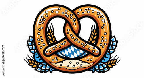 Traditional Bavarian Pretzel with Wheat and Hops Oktoberfest Theme.