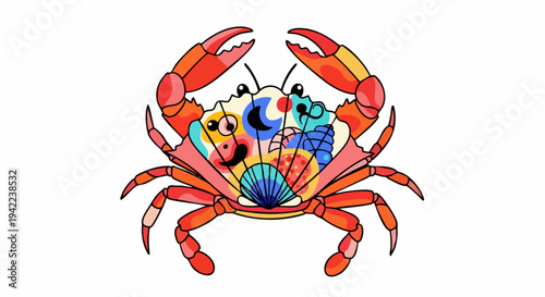 Artistic colorful crab with celestial sun and moon shell.