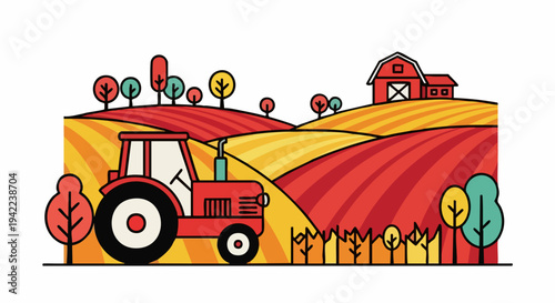 Red tractor working on colorful agricultural fields.