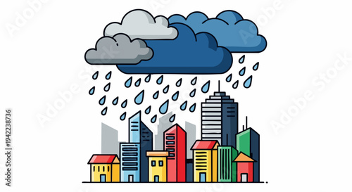 Rainy day over the city with tall buildings and dark clouds.