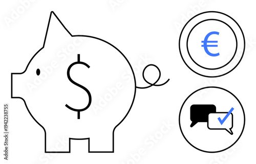 Piggy bank with dollar sign, Euro coin, and chat bubble with approval checkmark. Ideal for savings, banking, financial planning, currency exchange, secure payment communication budgeting. Simple