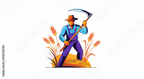 Farmer Harvesting Wheat With Scythe In Field.