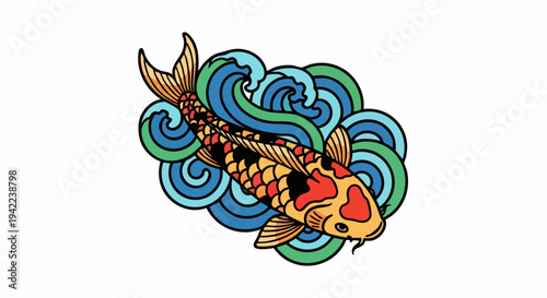 Colorful Japanese Koi Fish Swimming in Stylized Waves Illustration.
