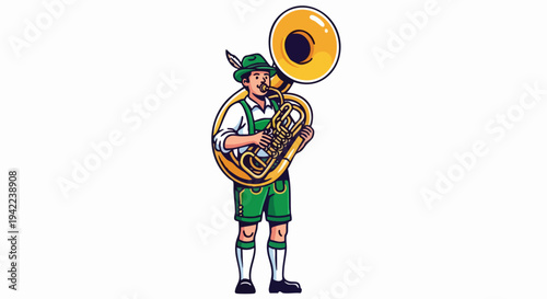 Bavarian Man Playing Tuba in Traditional Lederhosen and Hat.