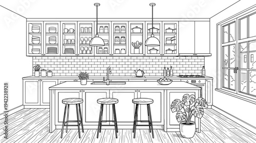 Sophisticated interior elevation of a modern kitchen featuring a wide breakfast island, glass-front upper cabinetry, subway-tile backsplash, and a Monstera plant.