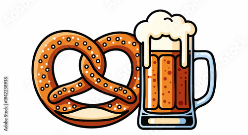 Soft pretzel and beer mug illustration.