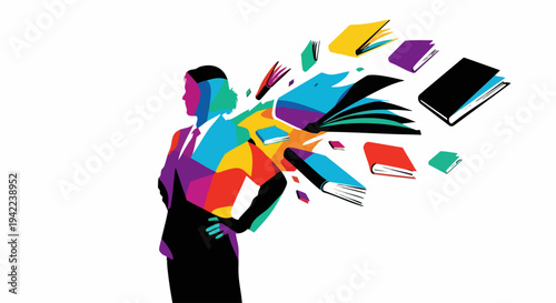 Colorful abstract illustration of a person with exploding books.