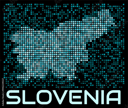 Slovenia digital dotted map. Shape of the country in cyan color palette on dark background. Futuristic Slovenia map design. Vector illustration.