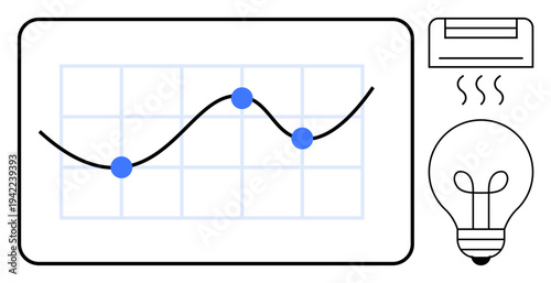 Data analytics with a line graph trends. Energy usage concept highlighted by a light bulb and air conditioner. Perfect for energy monitoring, data science, IoT, climate control, and tech innovation