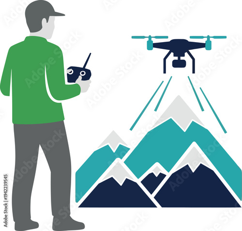 Man Operating Drone Over Mountains Landscape Illustration