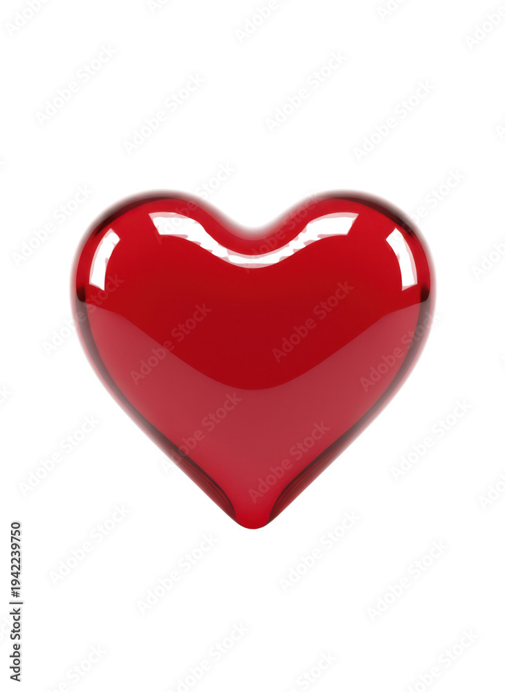 Fototapeta premium 透明感のある光沢が美しい、立体的な赤いガラスのハートが白背景に浮かぶ、愛と情熱を象徴するロマンチックなイメージ