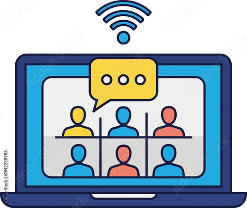 Illustration of Online Meeting on Laptop with Video Conferencing and Wi Fi Connection