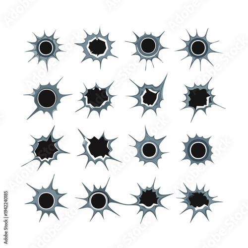 白い背景に配置された様々な形状の銃弾の跡のベクターイラストセット。金属板や壁を撃ち抜いたようなリアルな弾痕が透明背景素材として使いやすく、アクションシーンやバイオレンスなデザインの装飾に最適な高品質なグラフィック素材です。