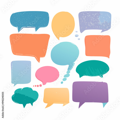 手書き風のカラフルな吹き出しセット。水彩テクスチャが施された様々な形状のメッセージバルーンが、白背景に配置された透明感のあるデザイン素材です。コミュニケーションやSNSの装飾、プレゼンテーション資料のアクセントに最適なベクターイラストレーション。